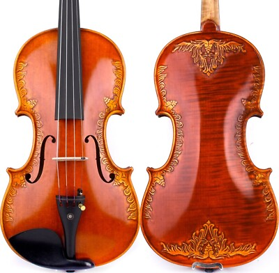 #ad T21 Master Strad Style Carved Flower Violin 4 4 European Wood Sweet Rich Sound $639.98