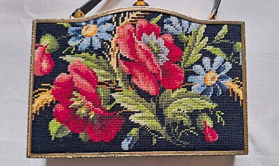 #ad Vintage Needlepoint Handbag Rose Floral Design with Intricate Gold Trim $97.95