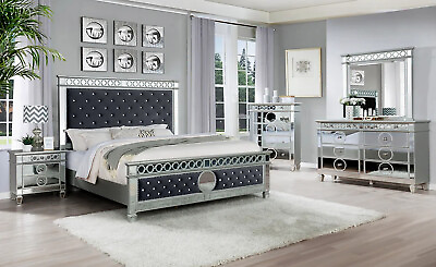 #ad NEW Modern 5PC Gray Velvet Mirrored Queen King Bedroom Set Furniture B D M N C $2199.99