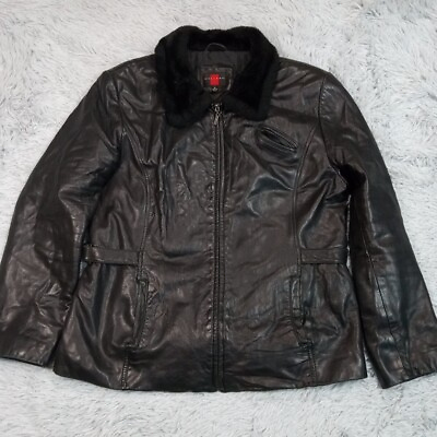 #ad Gallery Womens Leather Jacket Black XL Faux Fur Trim Coat Zip Up Pockets Cozy $39.99