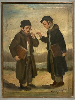 #ad 🔥 Unusual Antique Old 19th c American Folk Art Smoking Jewish Boys Oil Painting $475.00