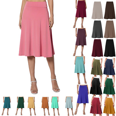 #ad Women#x27;s Casual High Waisted Soft A Line Skirt Solid Knee Length Skirt For Ladies $17.99