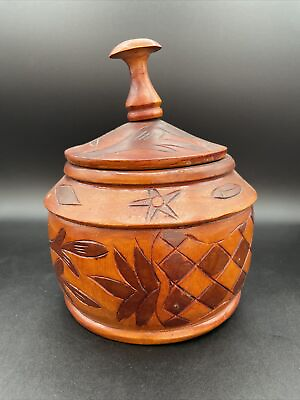 #ad Vintage Handmade Hand Carved Tilted Decorative Wooden Jar Container W Lid 9.5” H $80.00