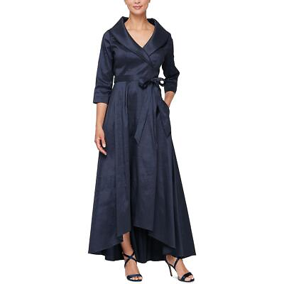 #ad Alex Evenings Womens Navy Taffeta Collared Belted Maxi Dress Gown 14 BHFO 8035 $114.99