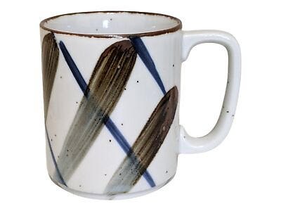 #ad Vintage Mid Century Plaid Stoneware Mug Speckled Glaze Blue Brown Brushstrokes $24.00