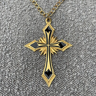 #ad Vintage Gothic Cross Pendant Necklace Black Enamel Gold Plated Stamped JPI2000 $16.50