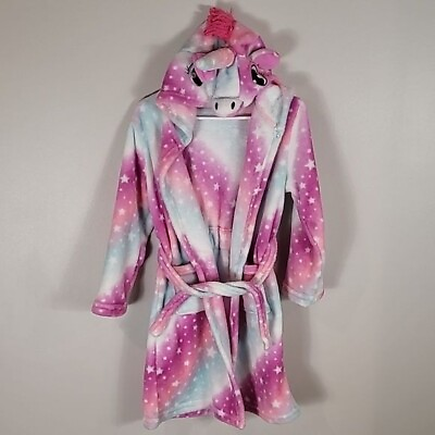 #ad Girl Kid Unicorn Robe Size 8 to 10 Years Fleece Hood Costume Pink Pockets Tie $7.95