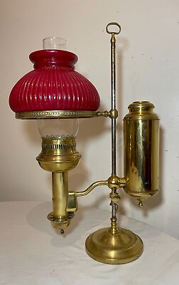 #ad antique 19th century brass glass imperial 2 tone electric oil student lamp light $439.99