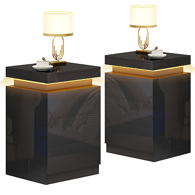 #ad Set of 2 High Gloss LED Nightstand with 3 Drawers 27quot; Tall Bedside Table Bedroom $159.99