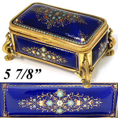 #ad Antique Napoleon III French Kiln fired Cobalt Enamel Jewelry Box Grand Tour Sou $671.25