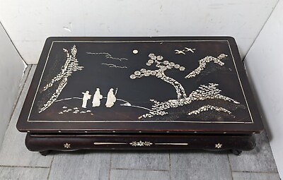 #ad Antique Black Raden Lacquer Asian Japanese Mini Table Stand Inlaid Shell $121.50