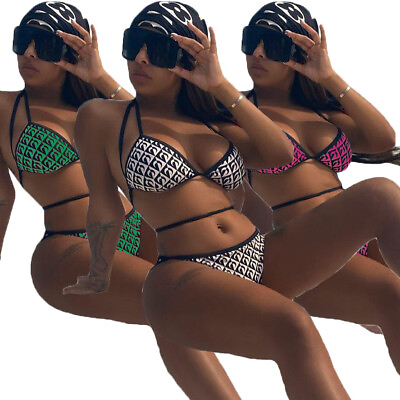 #ad New Women Stylish Halter Bandage Digital Print Bikini Beach Swimwear Summer $15.55