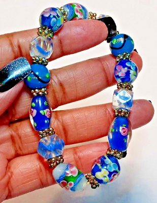 #ad Millefiori Glass Bracelet Blue Color VTG Faceted Beads Stretch Classy $14.99