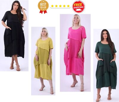 #ad Women#x27;s Italian Lagenlook Linen Midi Dress Ladies with Mesh Net Panel Stylish uk GBP 40.00