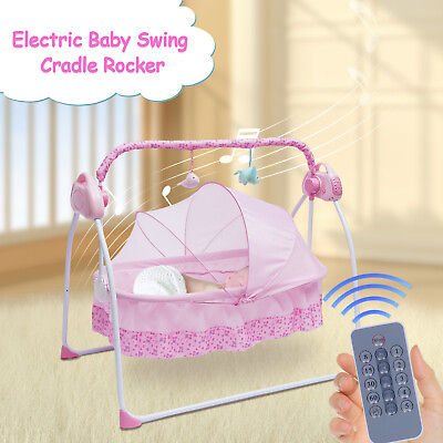 #ad Baby Crib Cradle USB Port Timer Folding Auto Swing Rocking Bassinet Mosquito Net $75.05