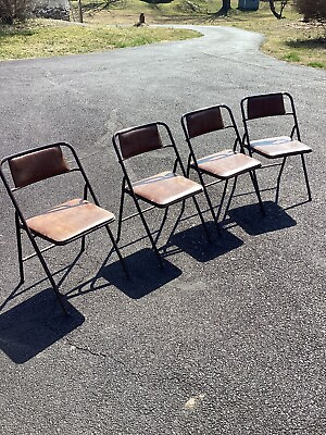 #ad Set of 4 Vintage Mid Century Modern MCM Folding Metal Card Chairs Brown Wild $200.00