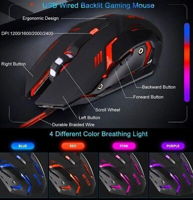 #ad Mftek Black amp; 4 LED Color Wired Handheld Ergonomic Comfort Grip 6D Gaming Mouse $32.93