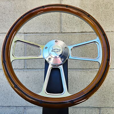 #ad 14quot; Billet Steering Wheel Mahogany Wood Black Rivets Chevy Bowtie Horn $179.48