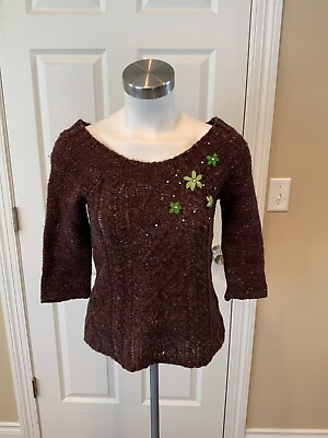 #ad Free People Purple Wool Cable Knit Sweater w Jewels amp; Floral Embroidery Size S $35.44