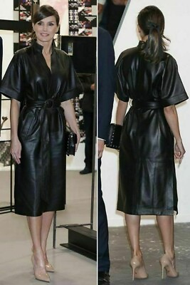 #ad Women Stylish Genuine Leather Belted Waist Short Sleeve Leather Dress $169.00
