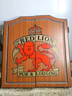 #ad VTG The Red Lion Pub amp; Lodging Dart Board in Wooden Cabinet 24quot;×22quot; Closed $78.39