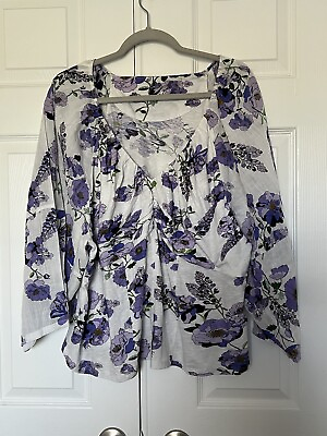 #ad Anthropologie Plus Size 2X White And Purple Flower Cotton Blouse $23.20