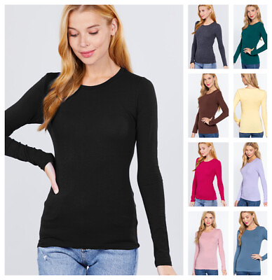 #ad WOMENS CREW NECK LONG SLEEVE BASIC TOP COTTON STRETCH SLIM FITTED T SHIRT S 3X $8.99