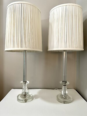 #ad Pair of Crystal MCM Hollywood Regency Column Table Lamps Boudoir Buffet VTG 1940 $550.00