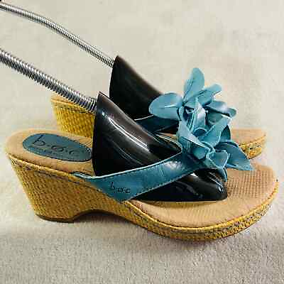 #ad BOC Born Sandals Women Size 7 Blue Hawaii Leather Wedges Vacation Beach Wedding $16.05