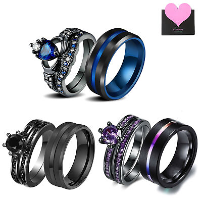 #ad 2pcs Hisamp;Hers Couple Rings Heart CZ Matching Promise Wedding Engagement Band Set $12.99