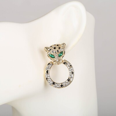 #ad Small Hoop Rhinestone Leopard Head Earrings Fashion Stud Jewelry Wholesale Gift $9.99