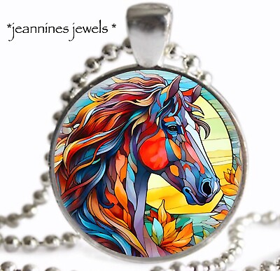 #ad Wild Stallion Horse Necklace EQUESTRIAN Gift Faux Stained Glass Charm Pendant $21.99
