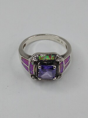 #ad Sterling Silver Purple CZ amp; Opal Inlay Ring Size 6 $35.00