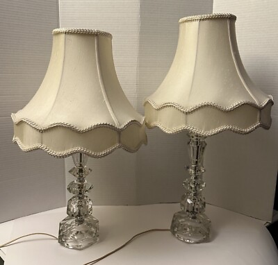 #ad Pair of Vintage Regency Faceted Cut Crystal Table Lamps w Grabell Shades $189.99