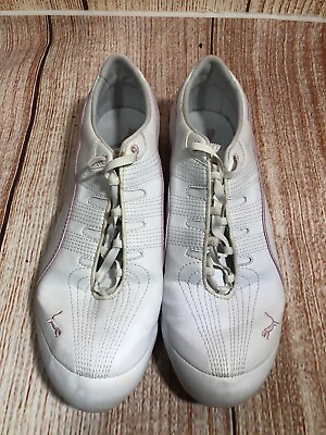#ad womens shoes size 10M white amp; pink leather Puma S11 922 11” heel to toe $29.99
