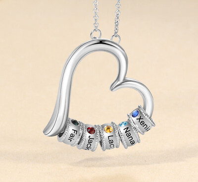 #ad Personalized Family Heart Name Pendant Necklace Birthstone Engraved Mother Gift $45.00