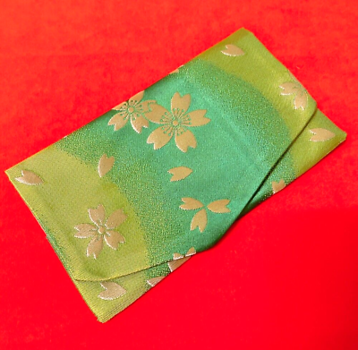 #ad Japanese Kimono Pouch“Fukusa“ pure silk handmade Green Cherry blossoms $23.40