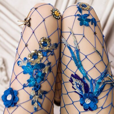 #ad SEXY Women#x27;s Flower Embroidered Fishnet Tight Flower fishnets Rhinestone USA $16.99
