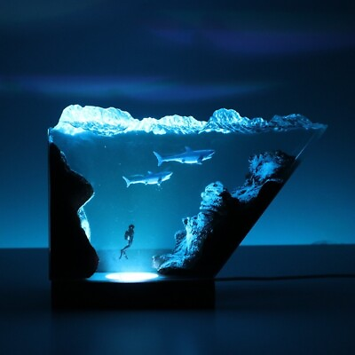 #ad High Class Epoxy Resin Decorative Shark Diver Lamp Night Light Decor Handmade $99.00