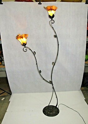 #ad Art Deco 2 Lights Wrought Iron Floor With Blown Glass Shades Multi $850.00