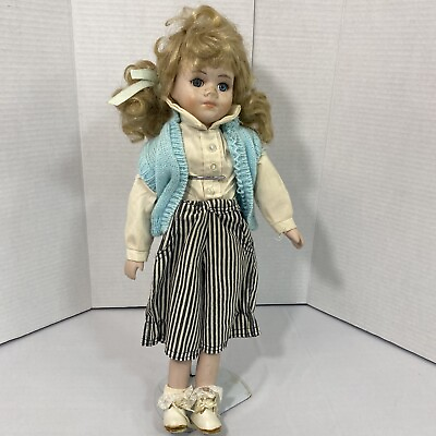 #ad Vintage Nice Porcelain Doll with Stand Eyelashes Blue Sweater $20.00