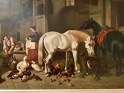 #ad 19th C Oil Painting Of Barn Interior Horses Chickens Barn Scene $1549.00