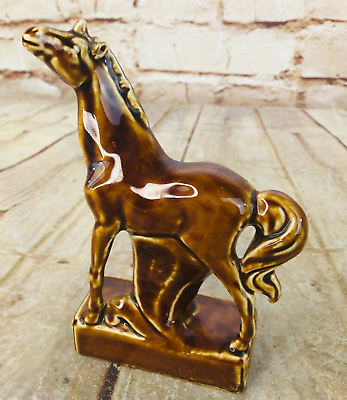 #ad vtg horse unicorn figurine Porcelian bisque glazed brown 5.5quot;H $2.39
