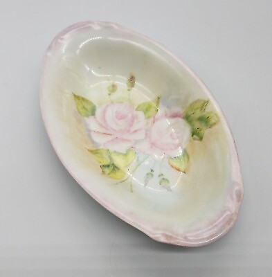#ad Vintage Hand Painted Pink Floral Oval Porcelain Bowl Dish $6.76