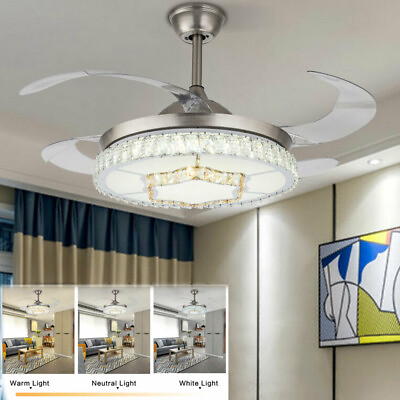 #ad 42quot; Crystal Ceiling Fan Light Remote Control 3 color LED Chandelier for Bedroom $91.20