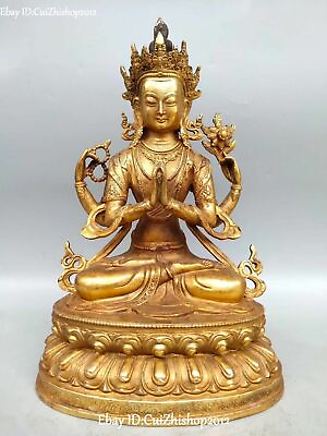 #ad 13quot;Tibet Pure Bronze Gilt Buddhism 4 Arms Chenrezig Avalokitesvara Buddha Statue $328.94