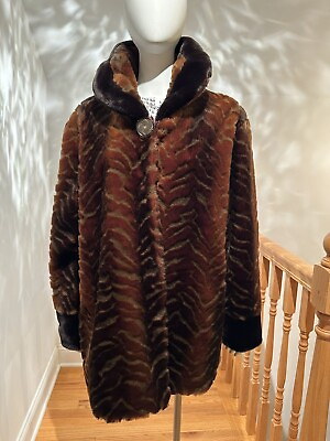 #ad Vintage antique women#x27;s coat Modelia long fake fur size XXL dark Brown black $55.00