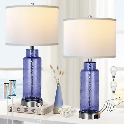 #ad Table Lamps for Bedrooms Set of 2 Blue Glass Beside Lamps for Living Room wi... $75.35