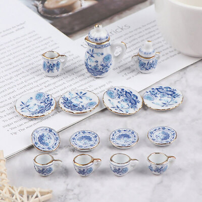 #ad 15pcs 1:12 Scale Dollhouse Miniature Tableware Porcelain Ceramic Tea Cup Toy Set $8.55