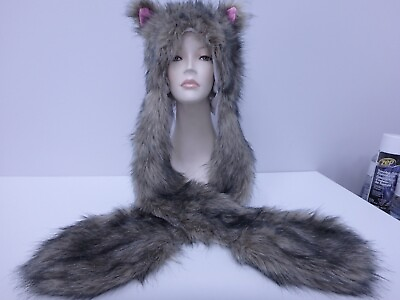 #ad Bear Head Fox Faux Fur Winter Hat Hood Brown Scarf Mits 32501 $16.00